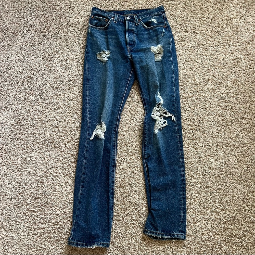 Levi's 501 Distressed Straight Leg Jeans in Dark Blue